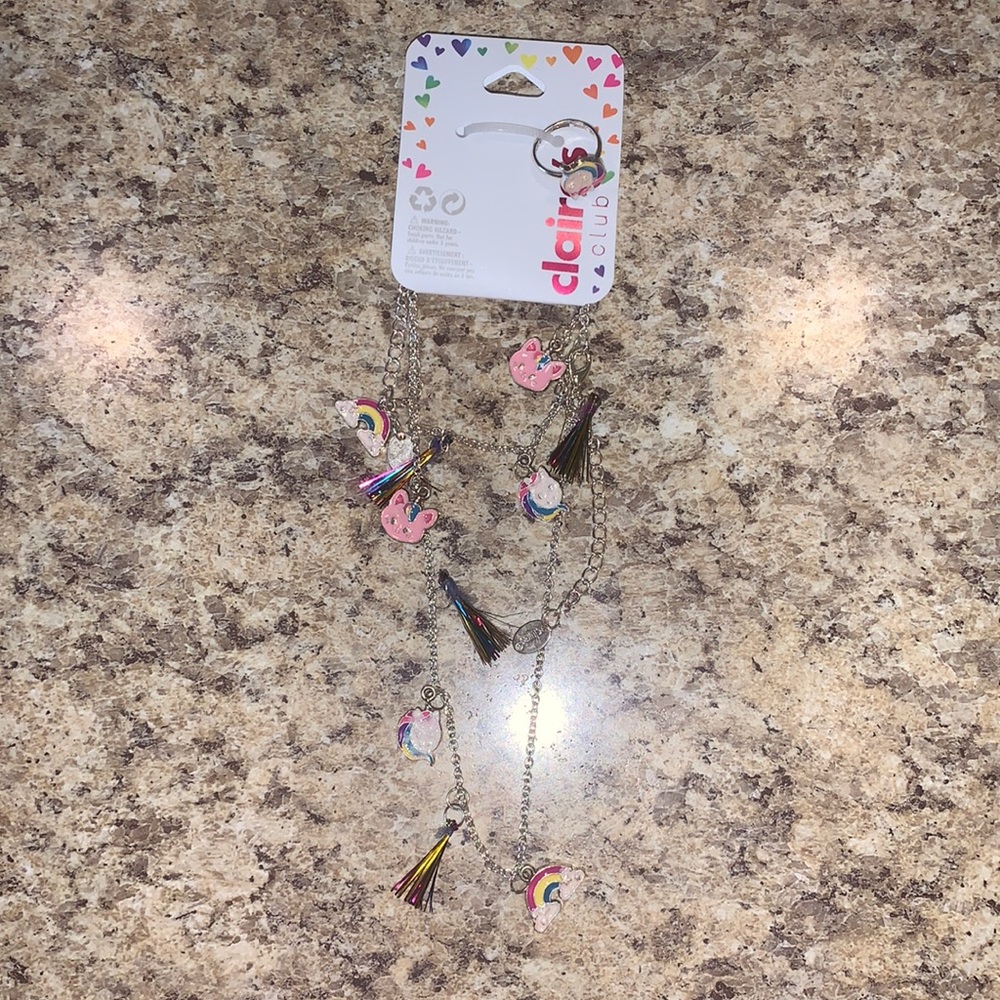 Claire’s Club Unicorn Rainbow Cat Necklace, Bracelet, Ring Set